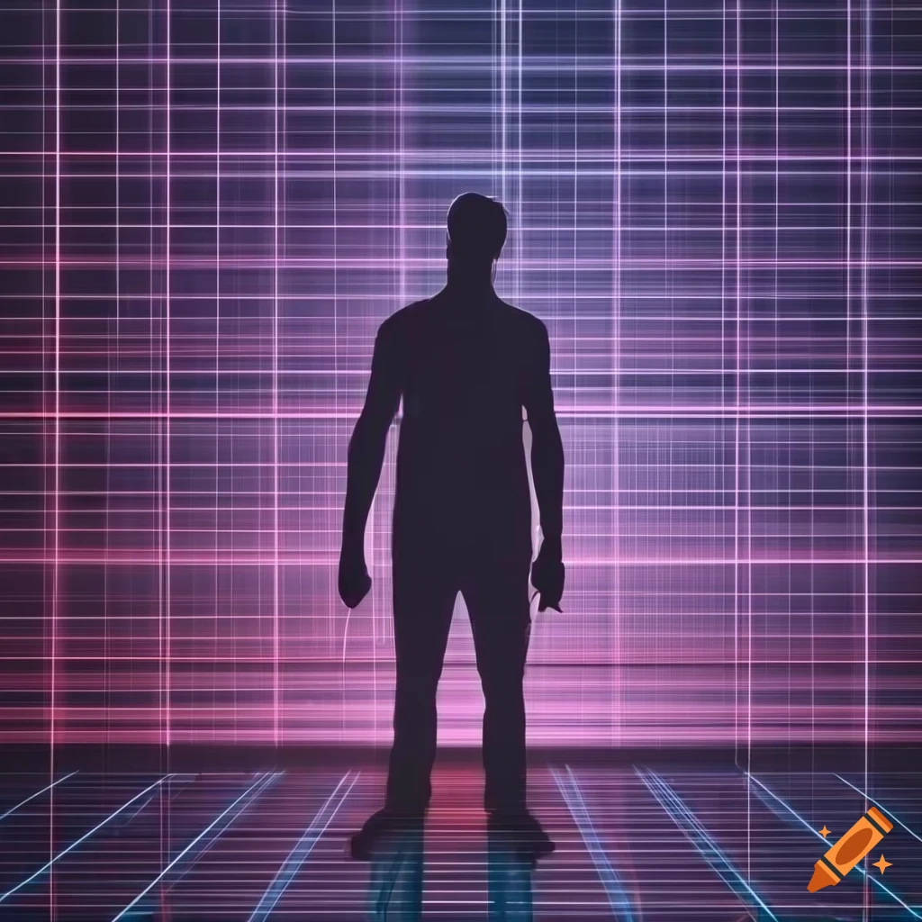 Silhouette of a person in front of 3D neon grid with wire-framed lines ...