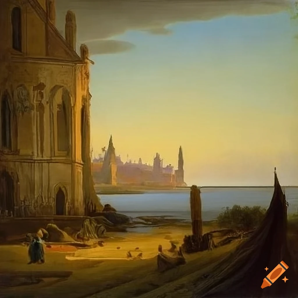Art in the style of Caspar David Friedrich depicting summer scenery