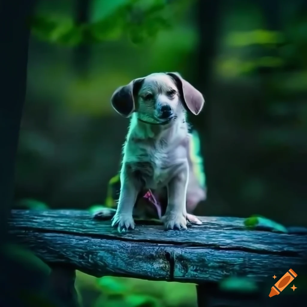 Adorable puppy in a mystical forest setting on Craiyon
