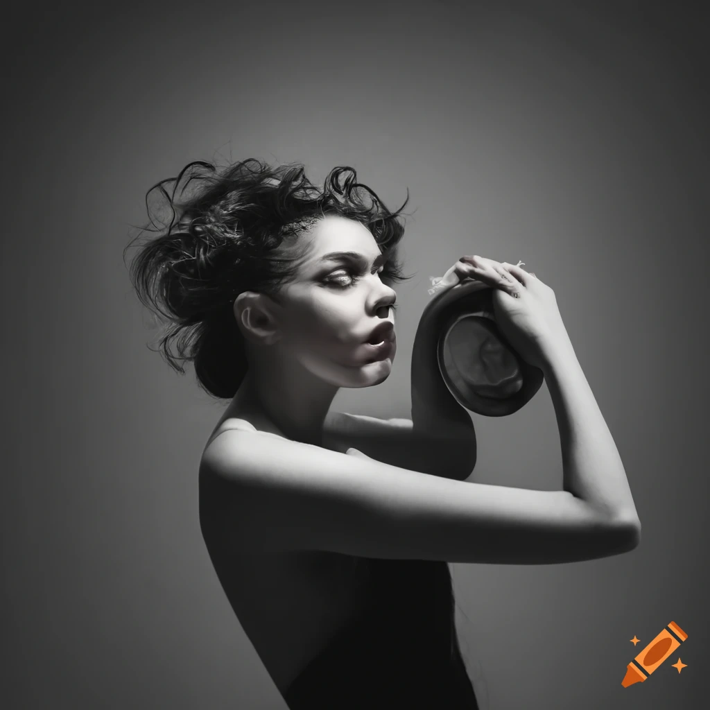 Woman with messy hair doing laundry in black and white