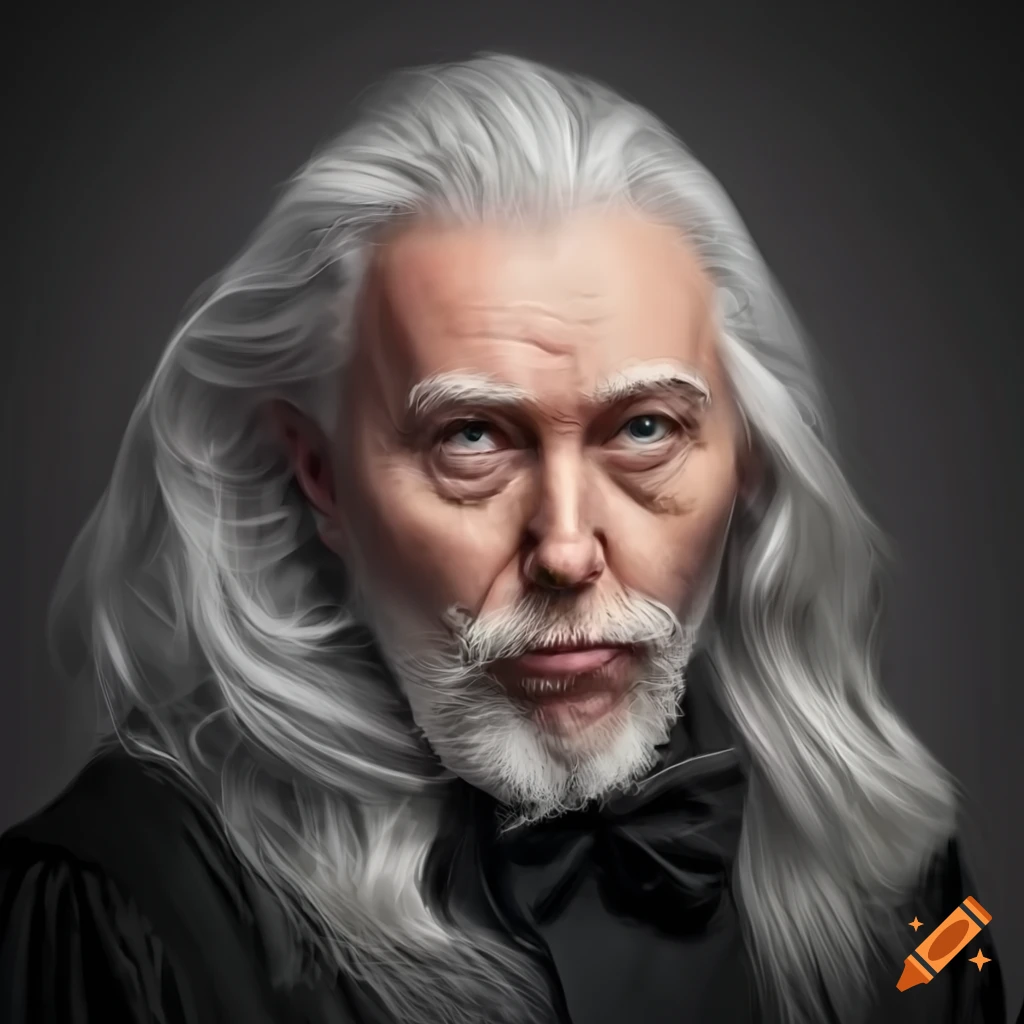 Overweight 55 year old magician in black robe with long gray-blond hair