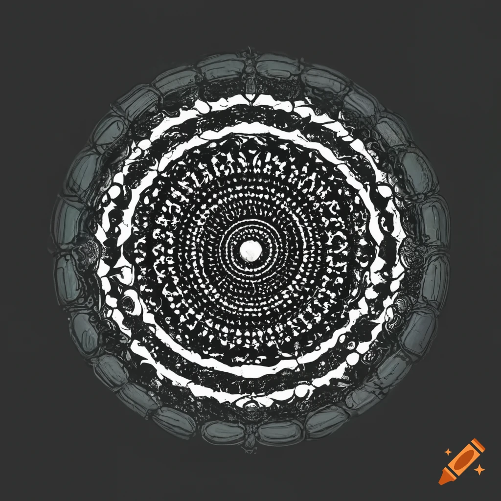 Geometrical pattern with black and white circles and zodiac symbols for Pisces, Libra, and Capricorn