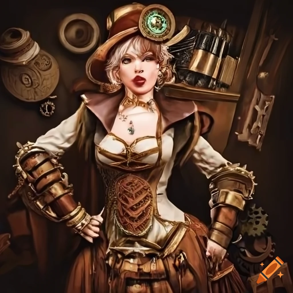 Steampunk lady character in retro-futuristic attire
