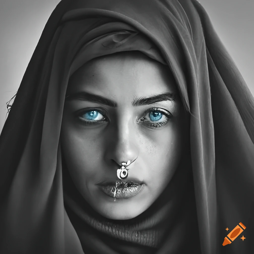 Captivating Iranian woman with loose headscarf and piercing blue eyes in black and white portrait