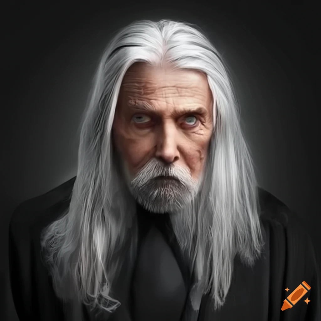 Portrait of a mature magician with long gray-blond hair in a black robe