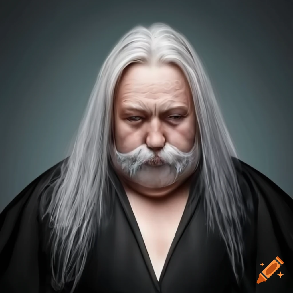 Overweight 55 year old magician in black robe with long gray-blond hair