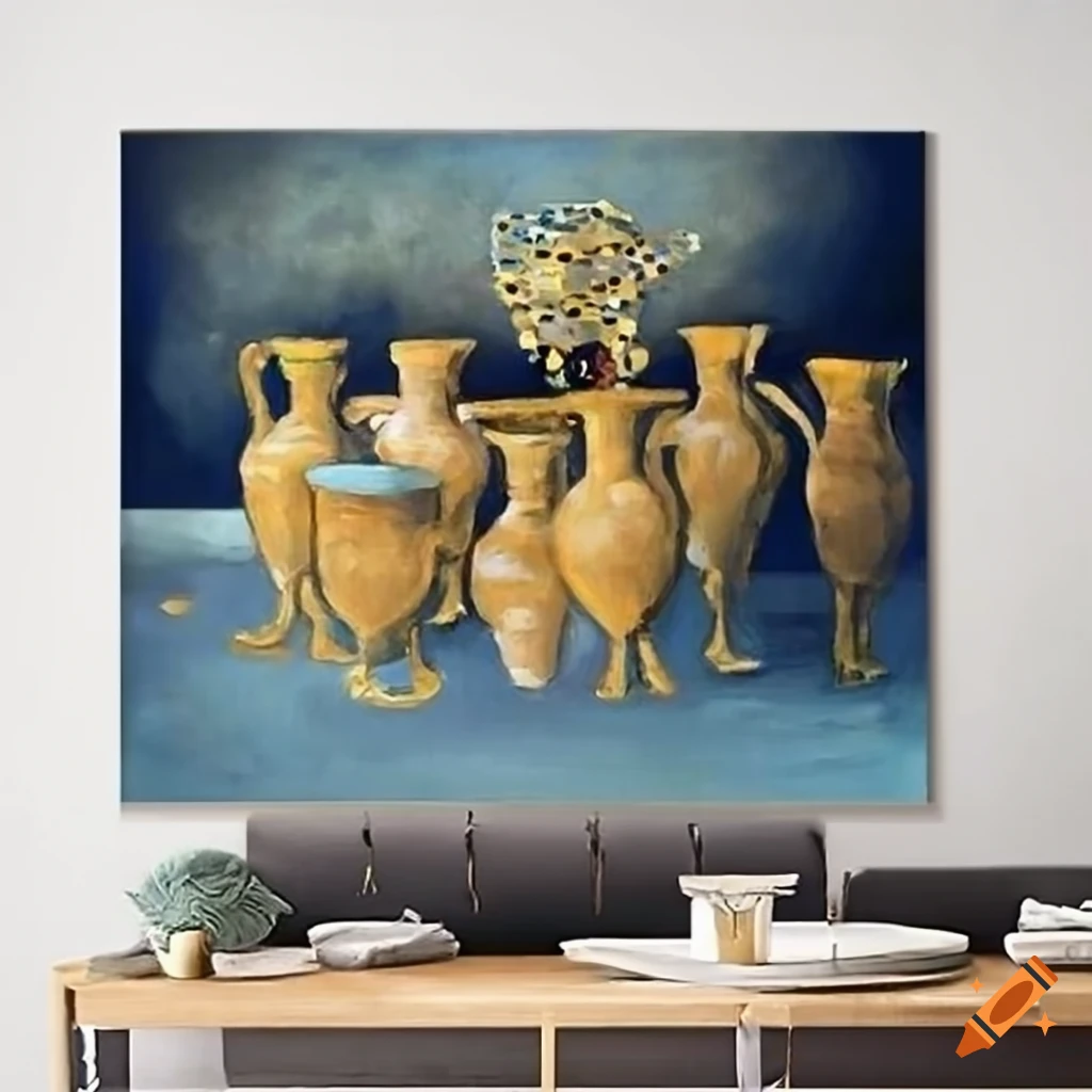 Dreamy and summery oil painting of bright ancient pots from Arkaim art in warm rich colors