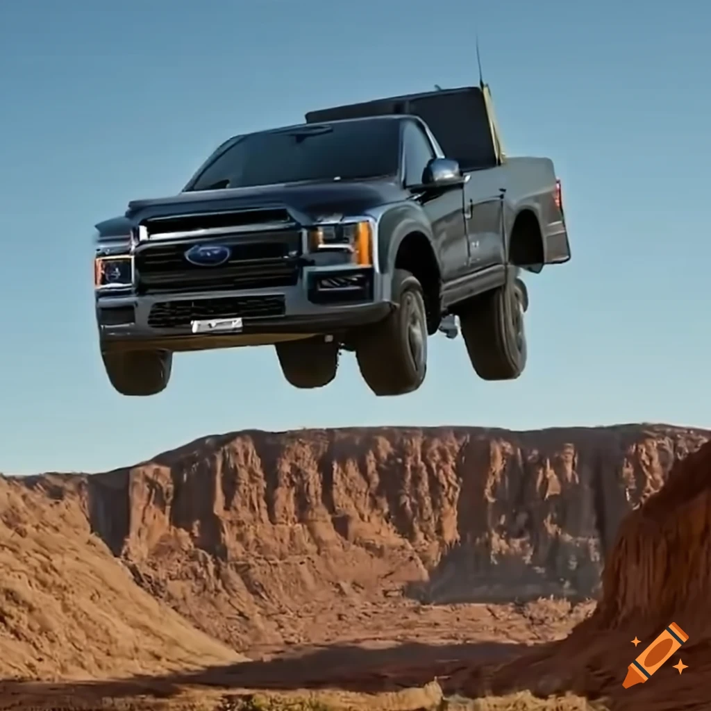 Ford lightning truck jumping over a big jump on Craiyon