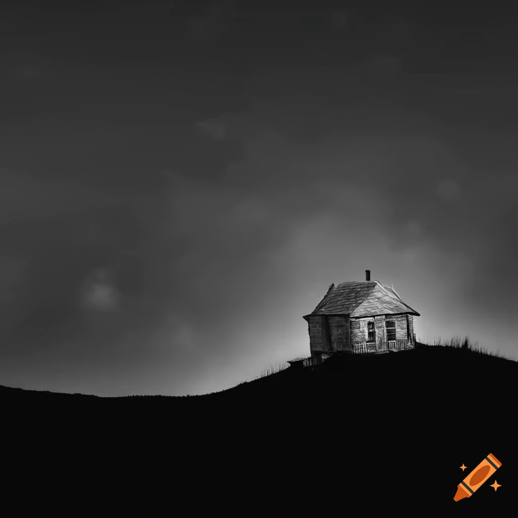 Old house on hill with low brush in black and white nighttime scene