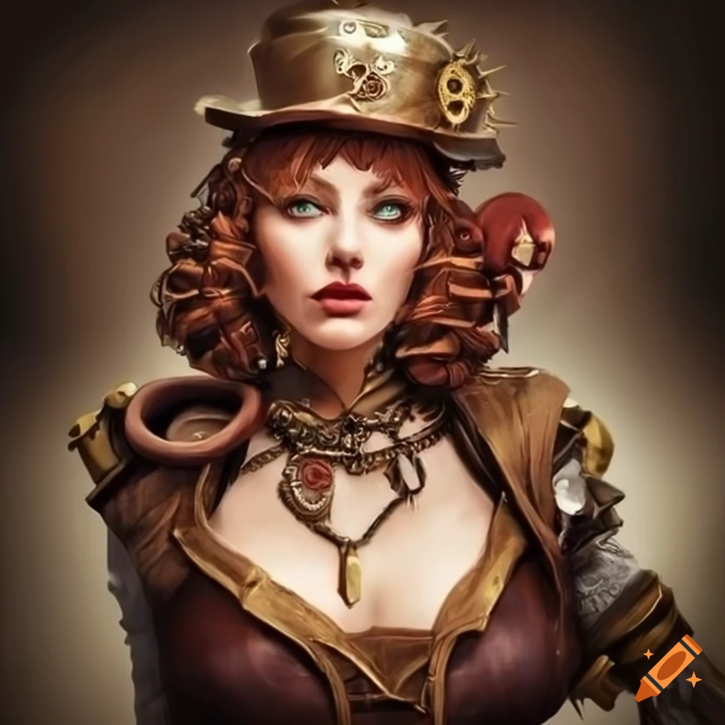Steampunk lady character in retro-futuristic attire