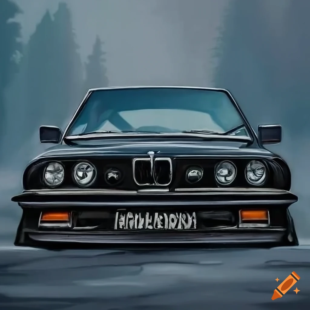 Sleek black bwm e30 coupe with detailed front grill on a foggy