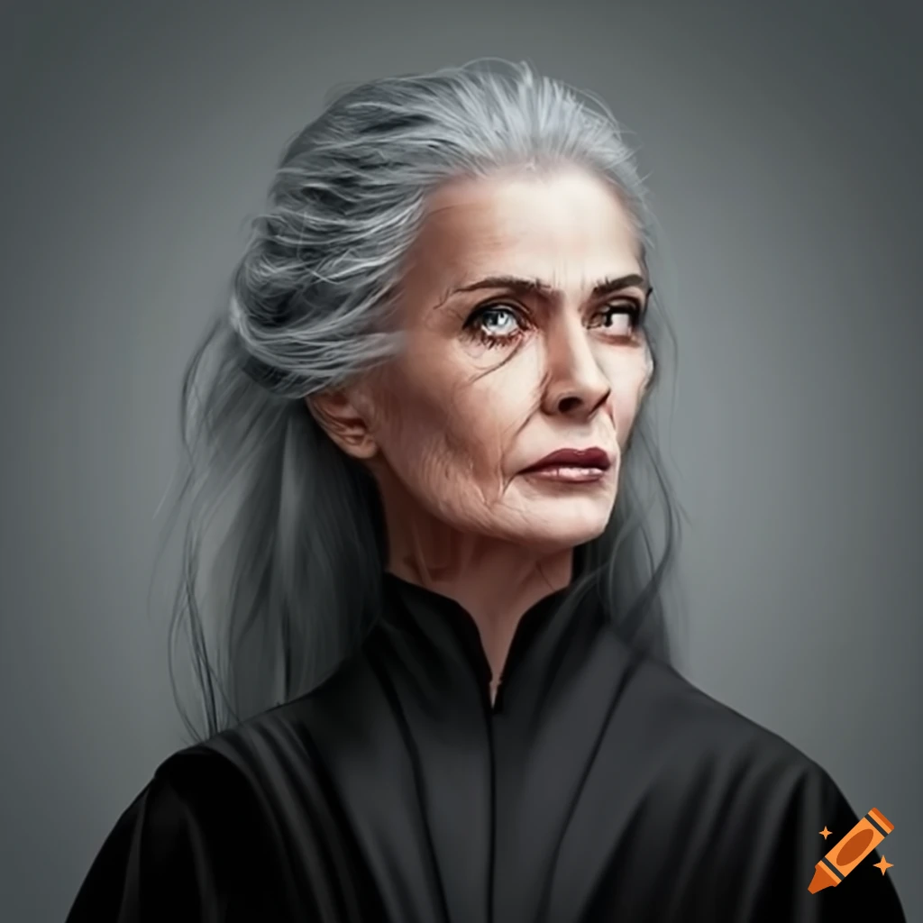 Portrait Of A 30 Year Old Woman With Long Gray Hair In A Black Robe On