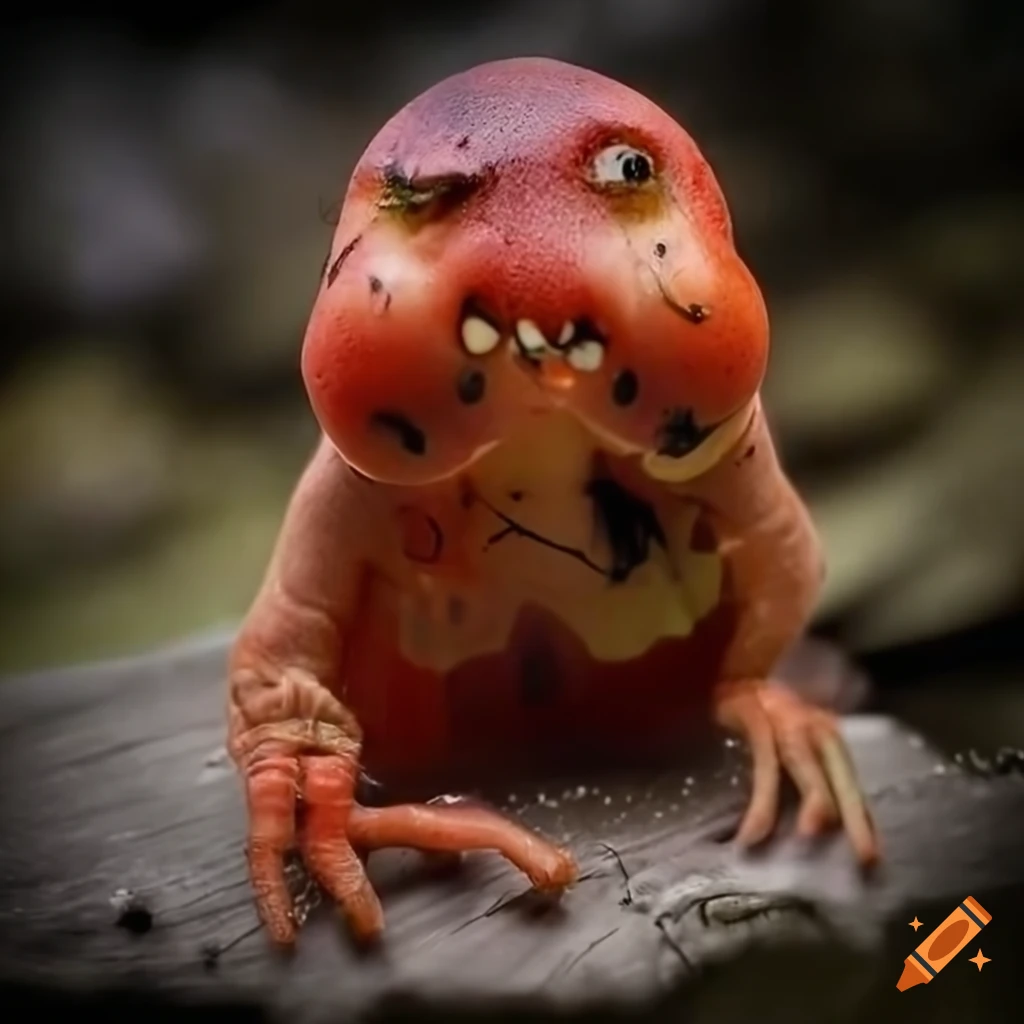 Close-up portrait of Rotten Tomato Fruit Monster on wooden table