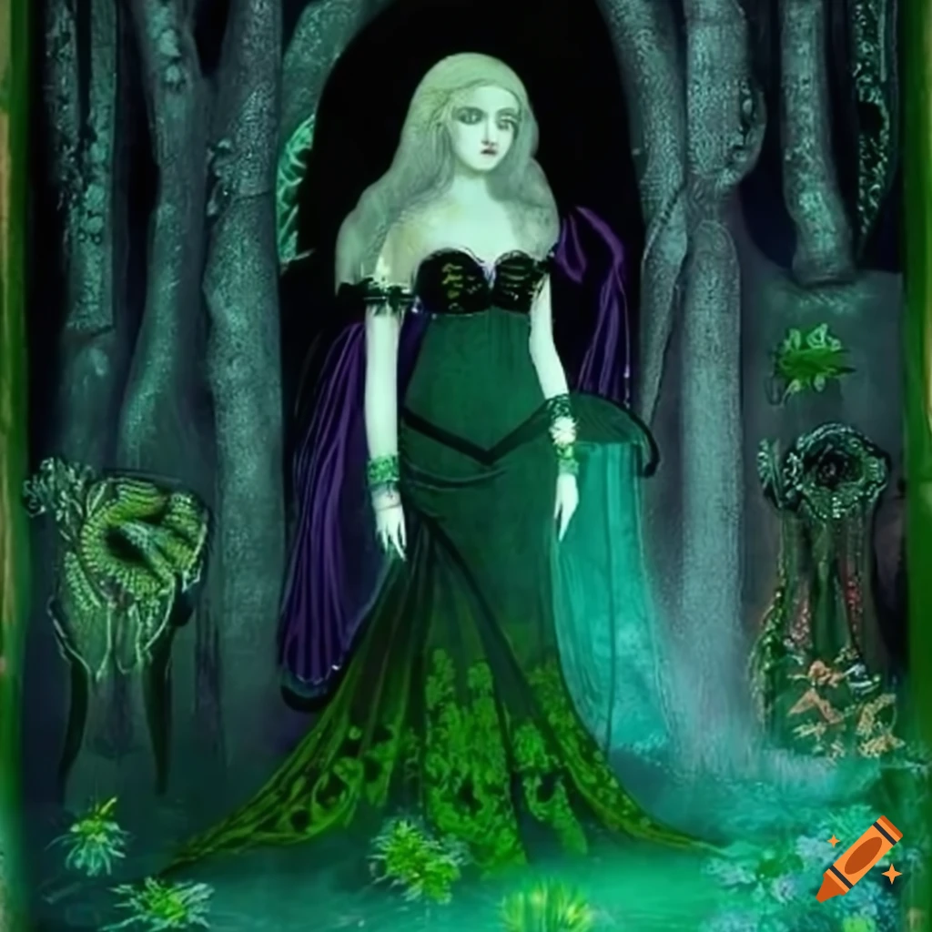 Gothic enchantress in an emerald woodland by a tranquil mountain lake