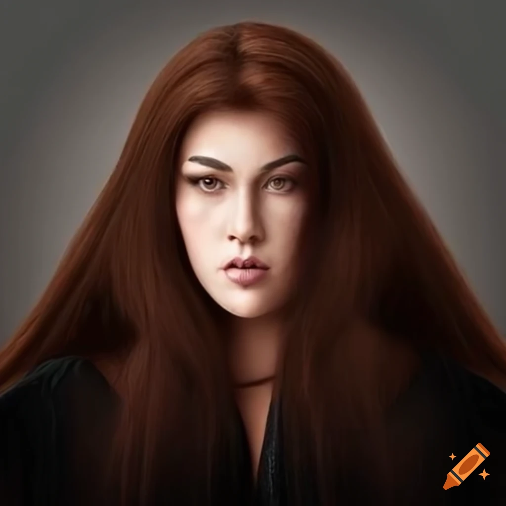 Portrait of a woman with long brown hair in a black robe on Craiyon