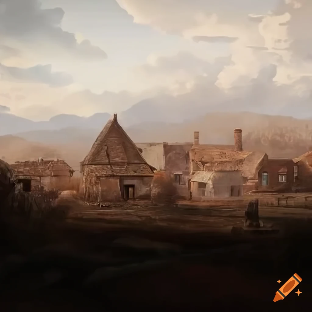'Old West' style village with well, cloudy sky, and sage brush surroundings