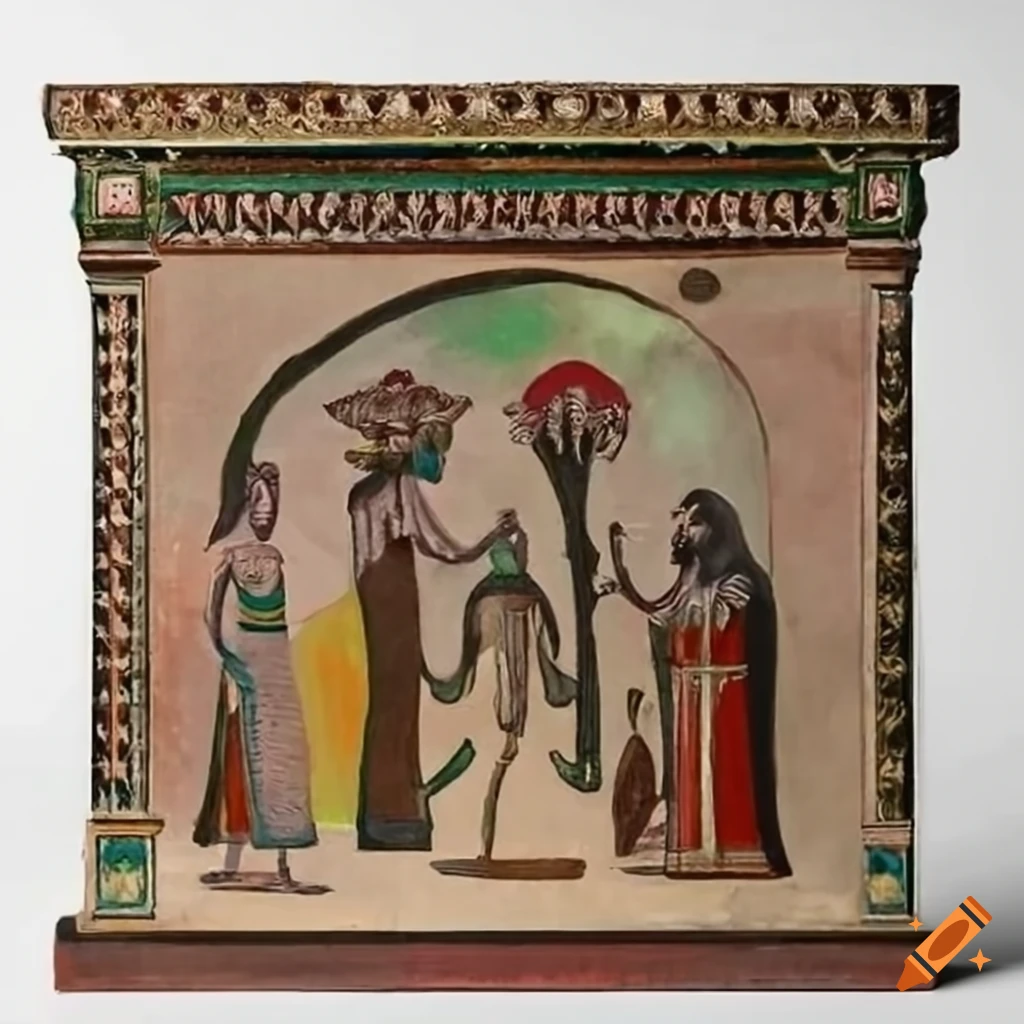 Biblical figures engaging in a reverent ceremony at an adorned altar