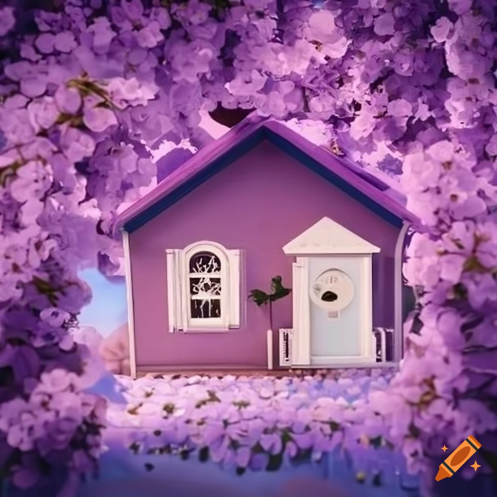 Enchanting lilac and purplish dollhouse surrounded by cherry blossom trees