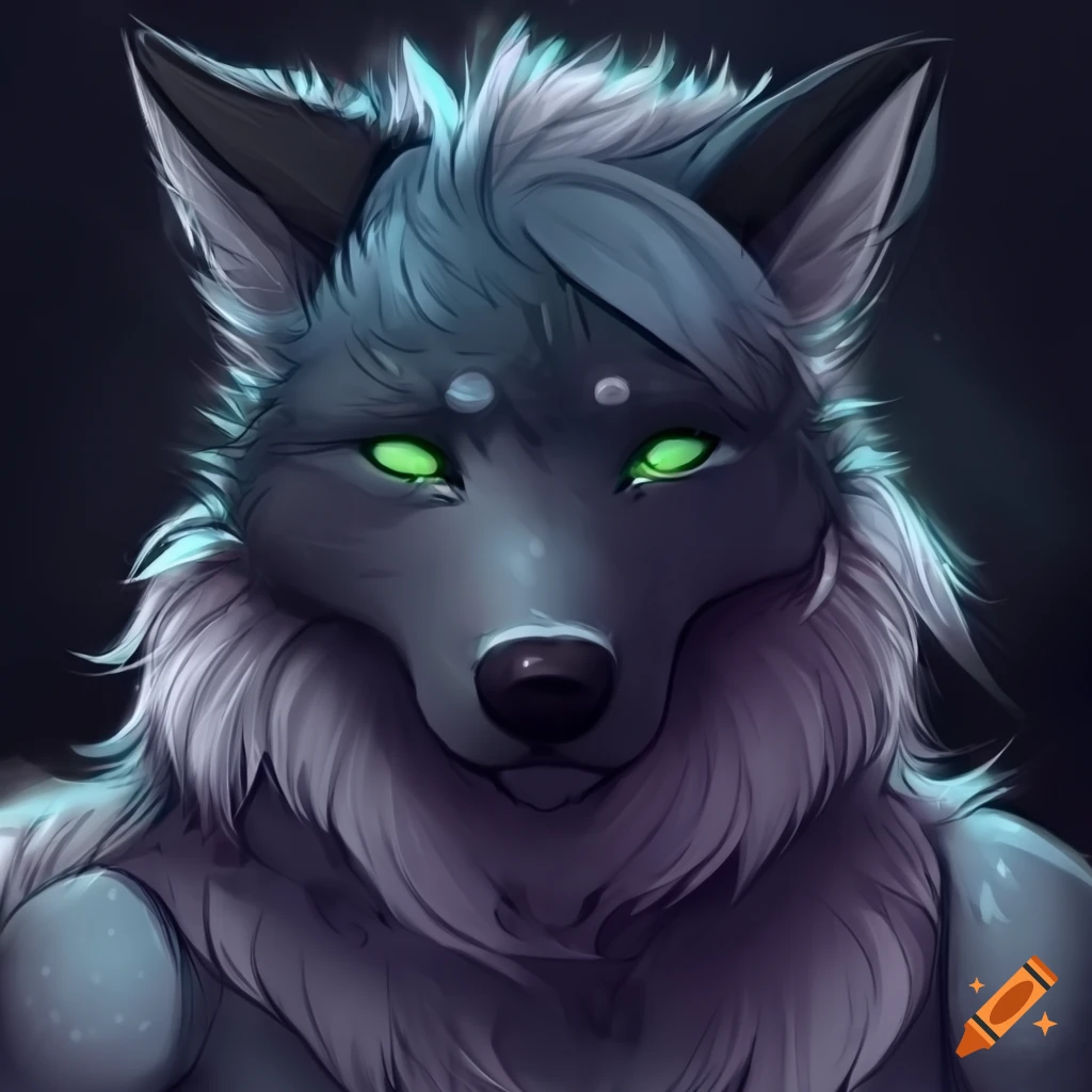 Big furry black wolf with green eyes in a cute and kind artwork