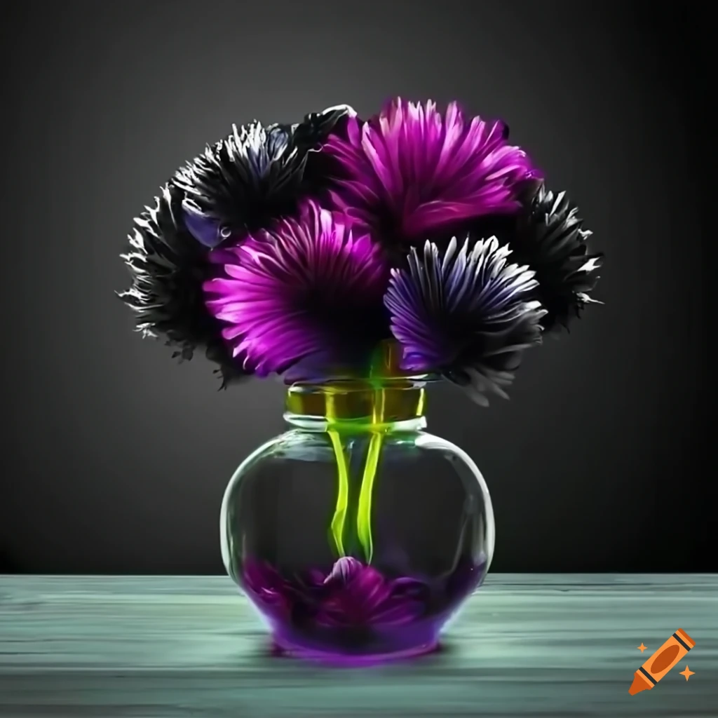 Vibrant black flowers in colored glass jar on black wood plank table