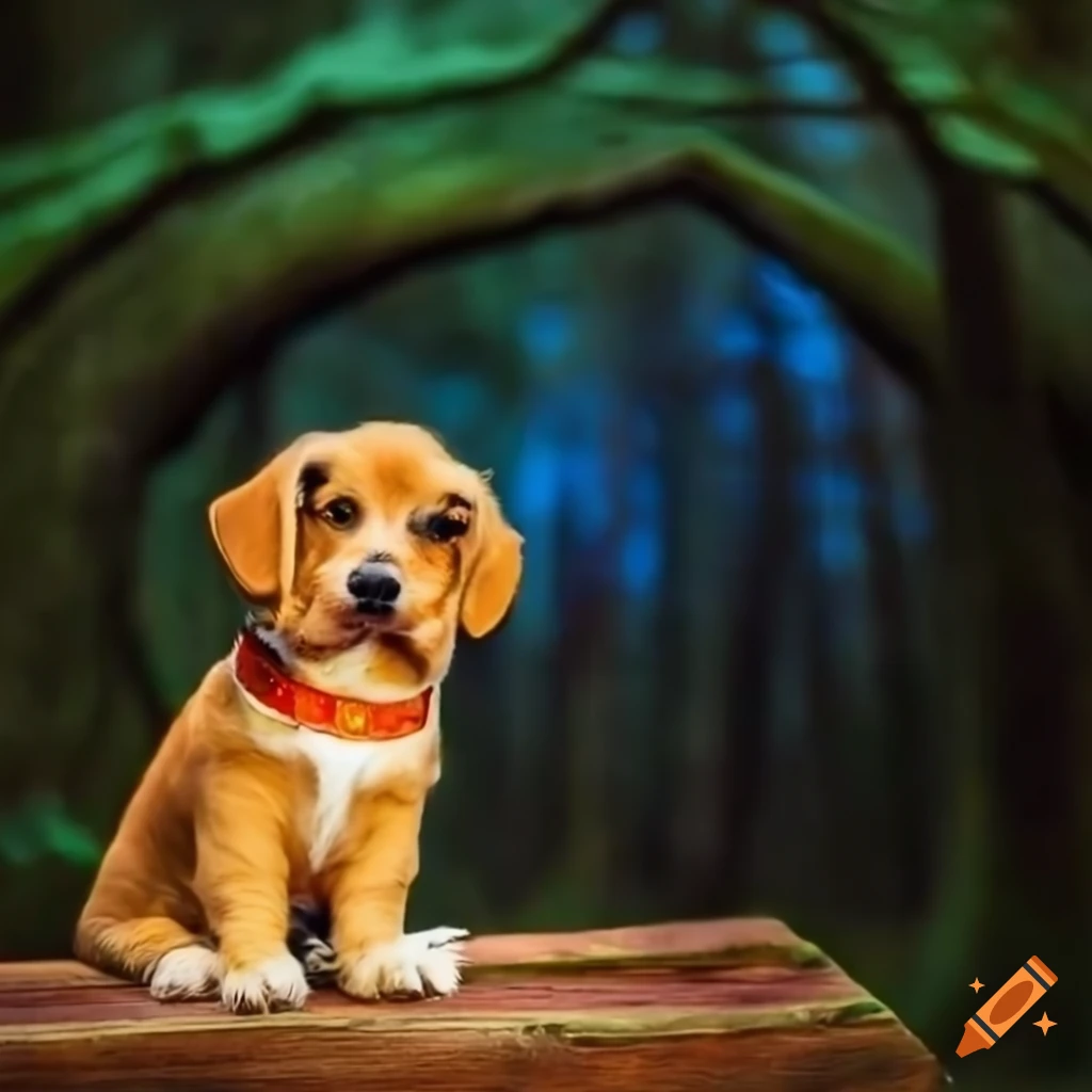 Adorable puppy in a mystical forest setting on Craiyon