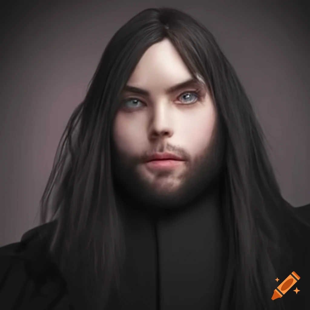 Portrait of a magician with long hair in a black robe on Craiyon