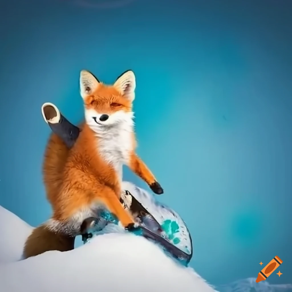 Cute little fox enjoying a snowboarding adventure with a furry friend