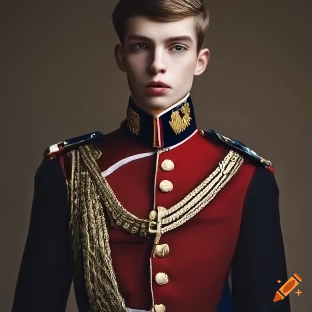 Handsome man in royal uniform with short brown hair on Craiyon
