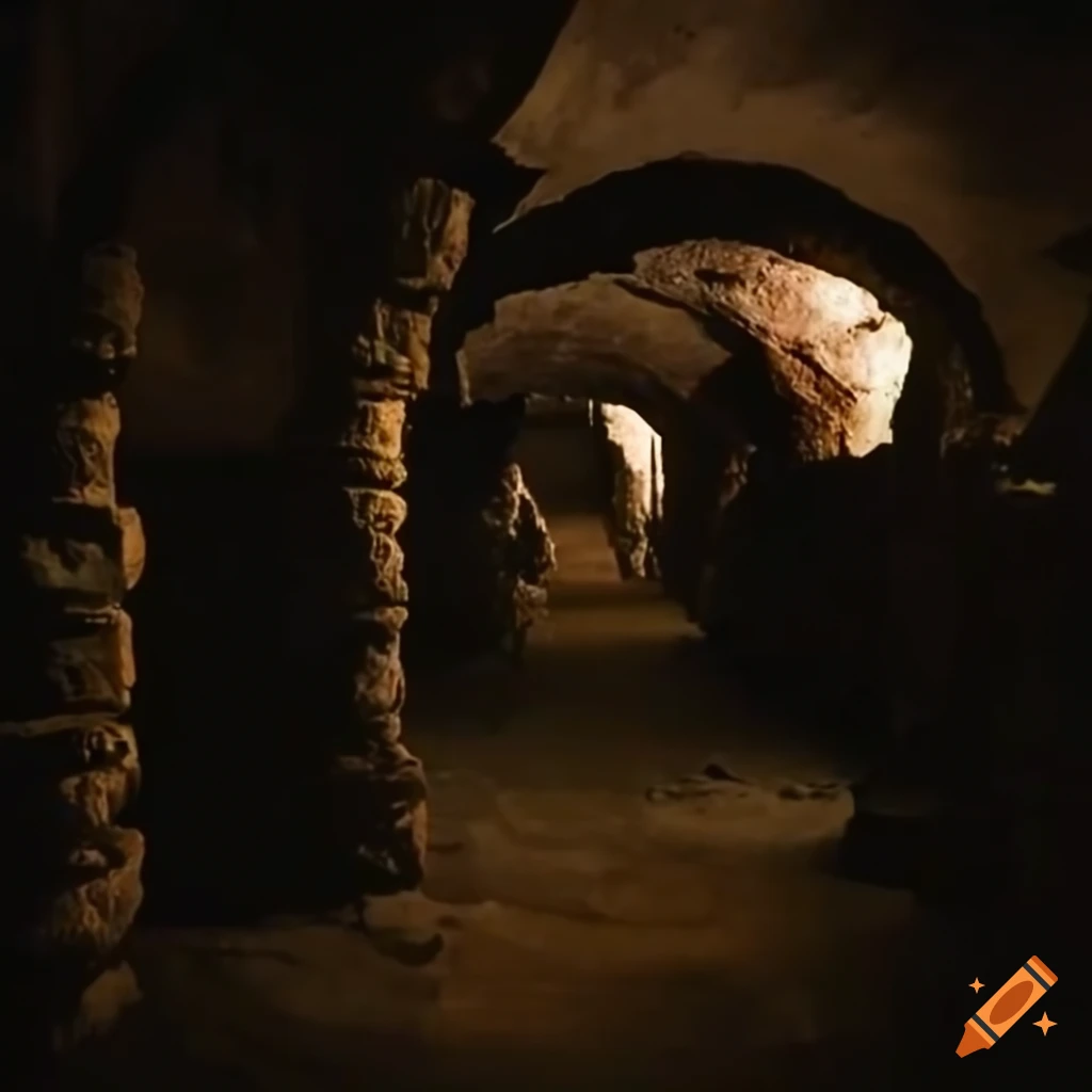 Eerie catacombs with giant pillars reaching the roof
