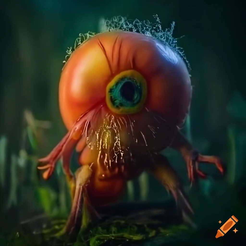 Close-up portrait of the Rotten Tomato Fruit Monster on a wooden table