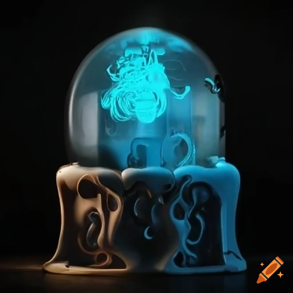 Surreal puzzle machine system with glass, copper, plastic, and enigma ...