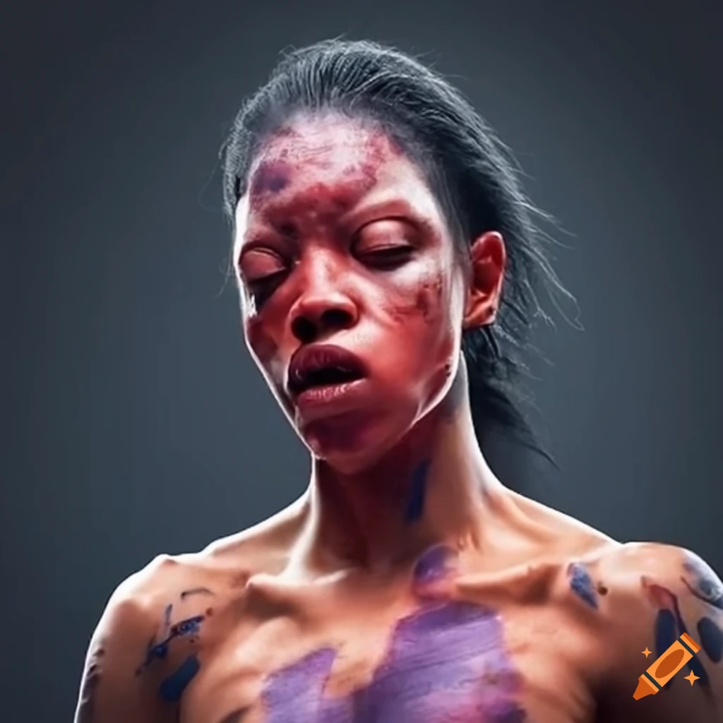 Determined female fighter with torn clothing and intense expression