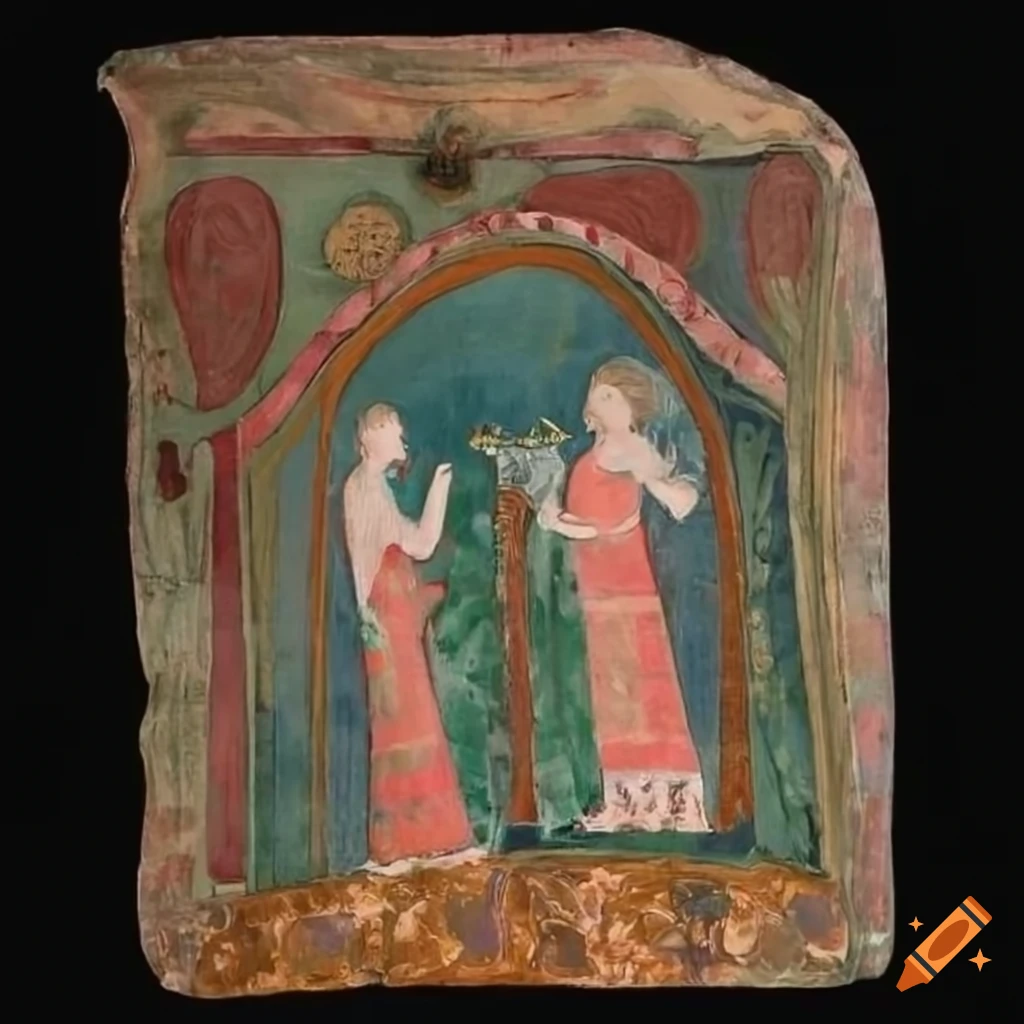Biblical figures engaged in a reverent ceremony with an adorned altar