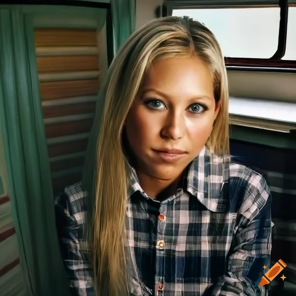 Young woman in plaid shirt and black trousers sitting in a caravan and looking out of the window