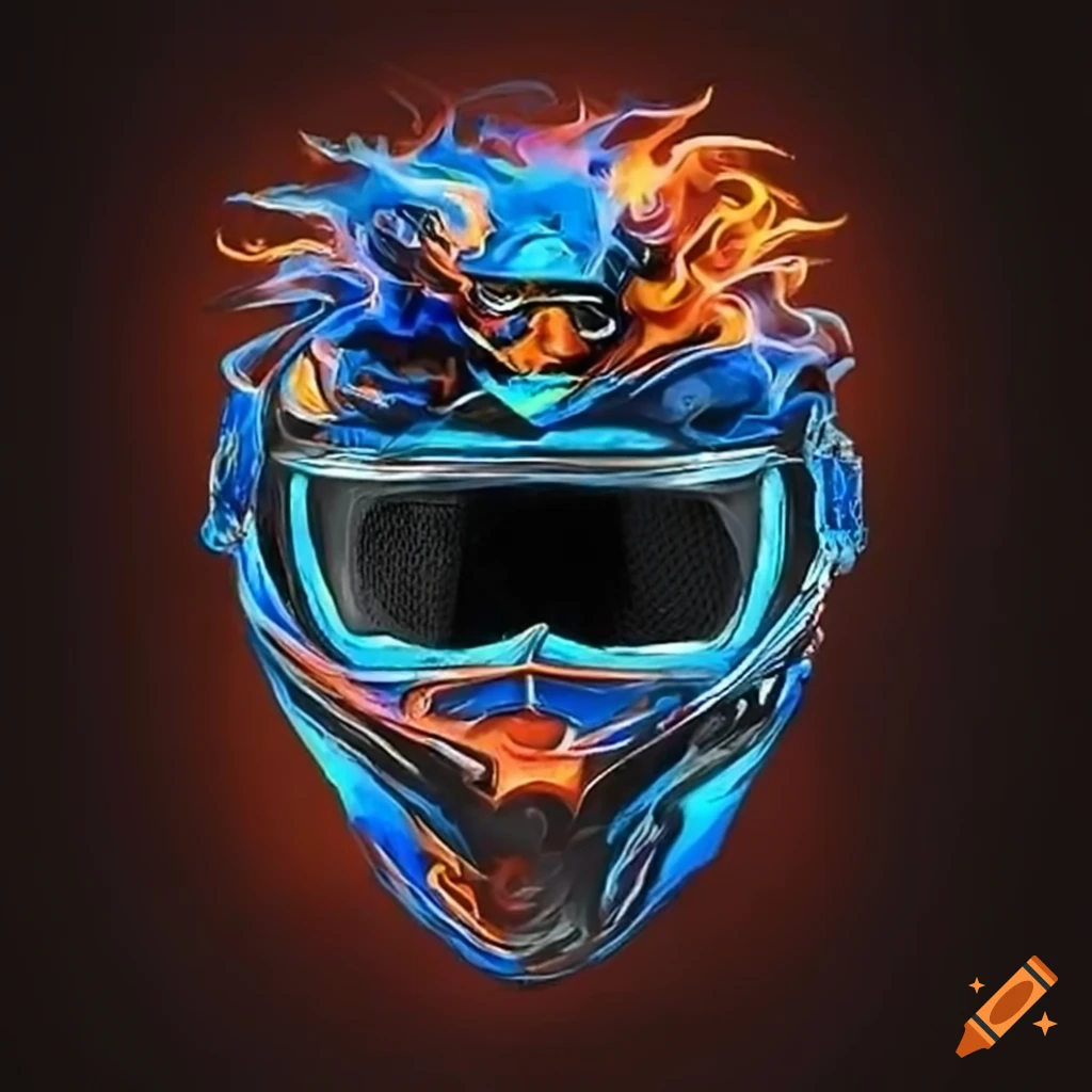 Black motocross helmet with blue and orange flames