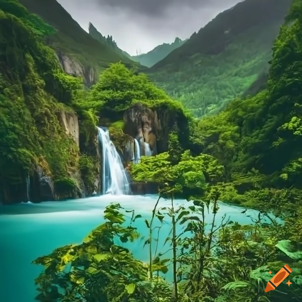 Picturesque mountains and waterfalls surrounded by lush greenery on Craiyon
