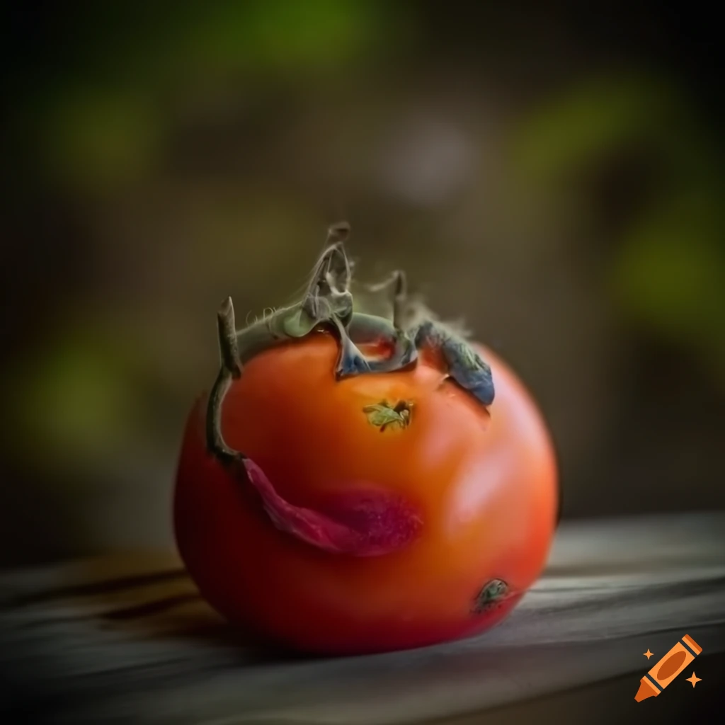Closeup portrait of rotten tomato fruit monster on wooden table on Craiyon