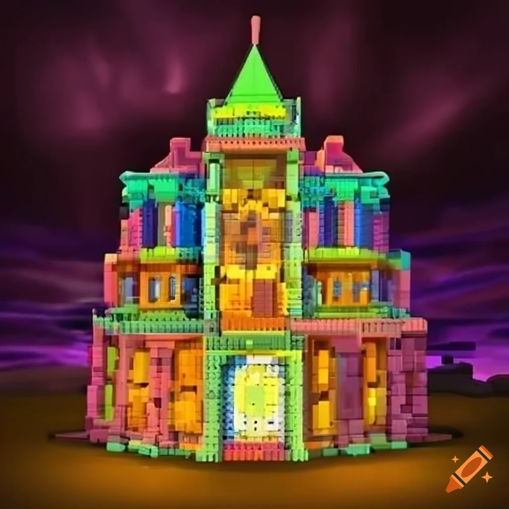 Colorful rainbow castle made of duplexes blocks in yugioh art style