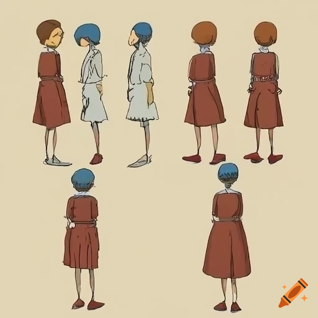 Ghibli style character model sheet for a film set on Mars