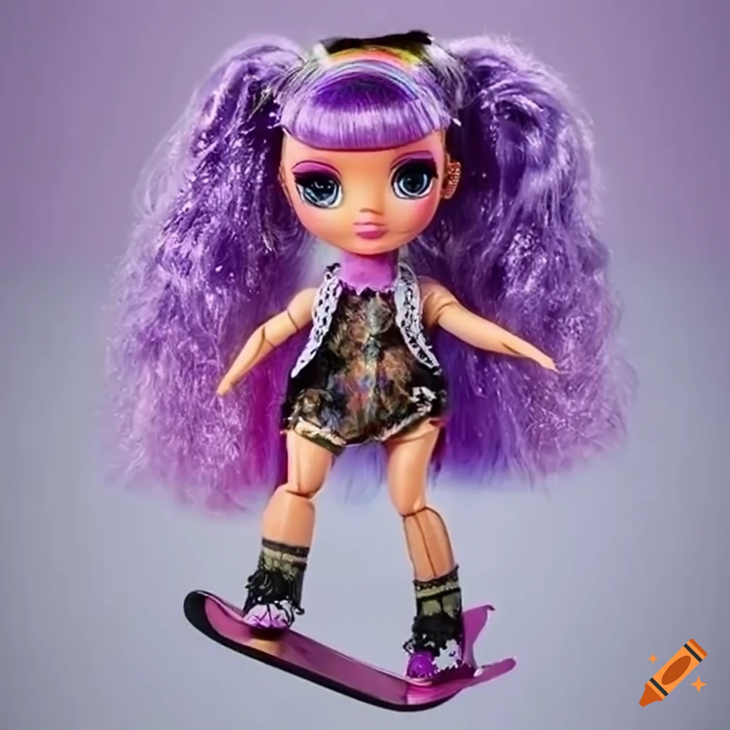 Cute rainbow high 9" doll snowboarding in snowy mountains