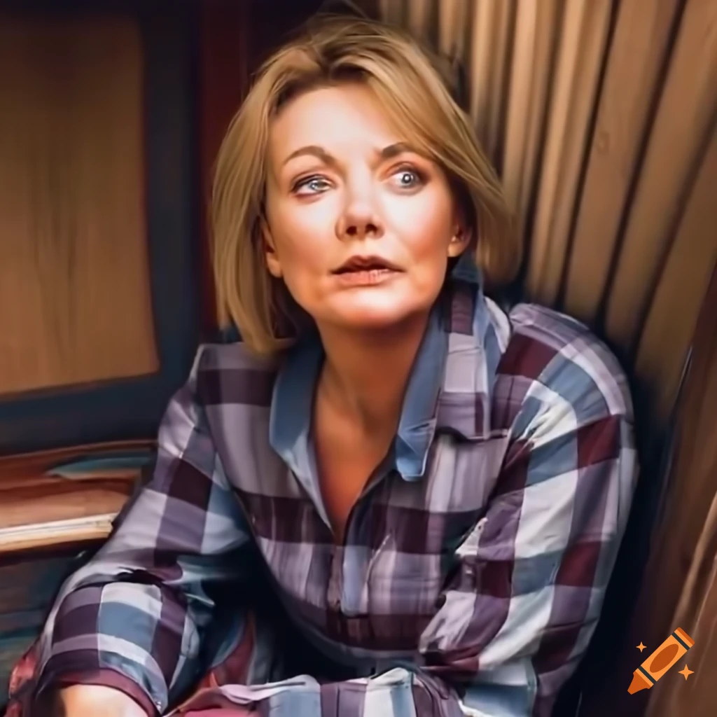 Young British actress in country plaid shirt and black leather trousers sitting in a caravan trailer
