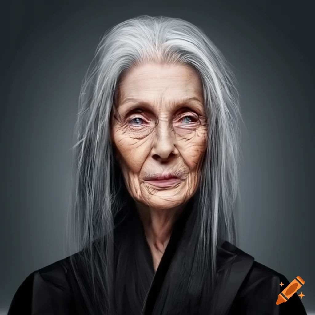 Elegant 60-year-old woman with long gray hair in a black robe on Craiyon