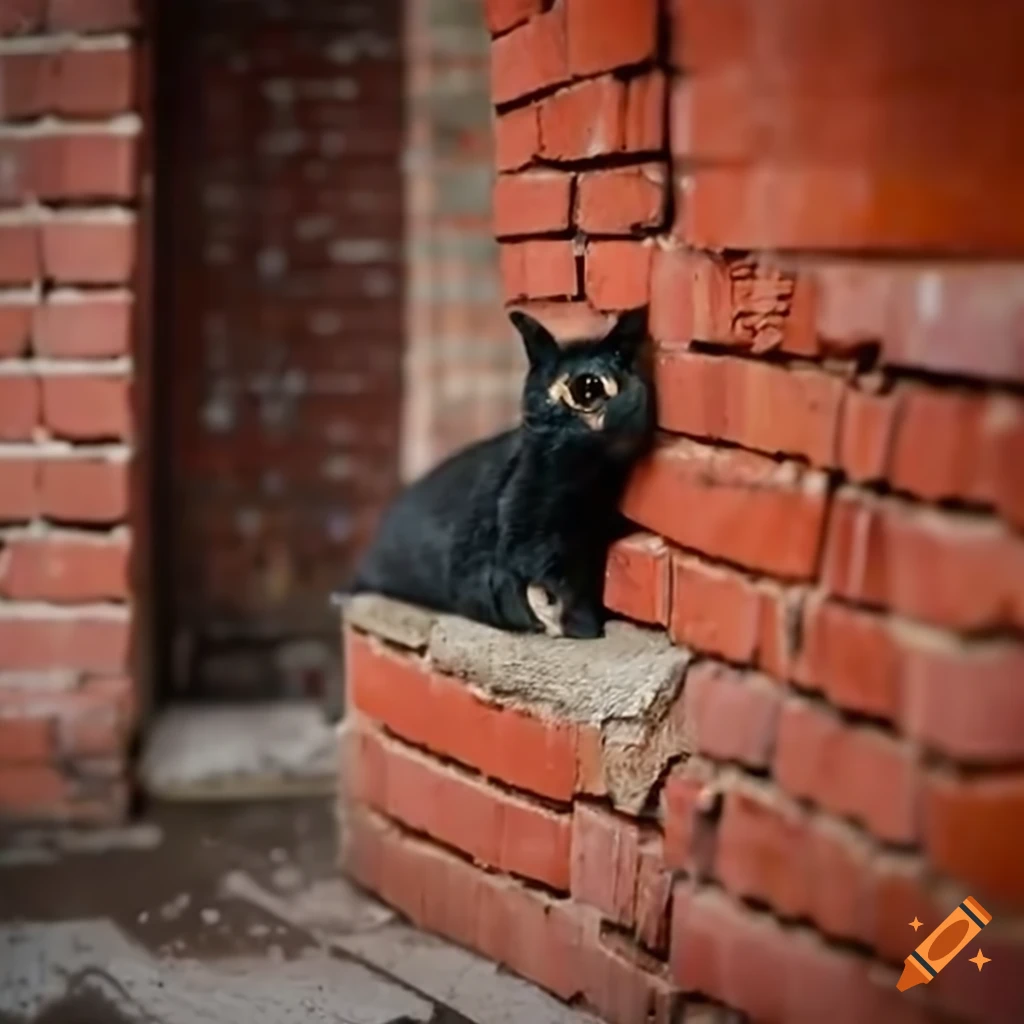 Lonely cat in the rain between bricks