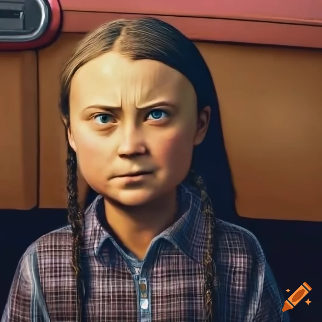 Young woman in country plaid shirt and high waist black leather trousers standing in doorway of an old caravan trailer