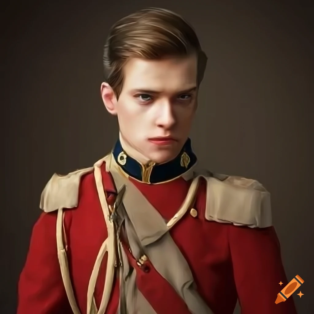 Handsome man in historical soldier's dress uniform with short brown ...