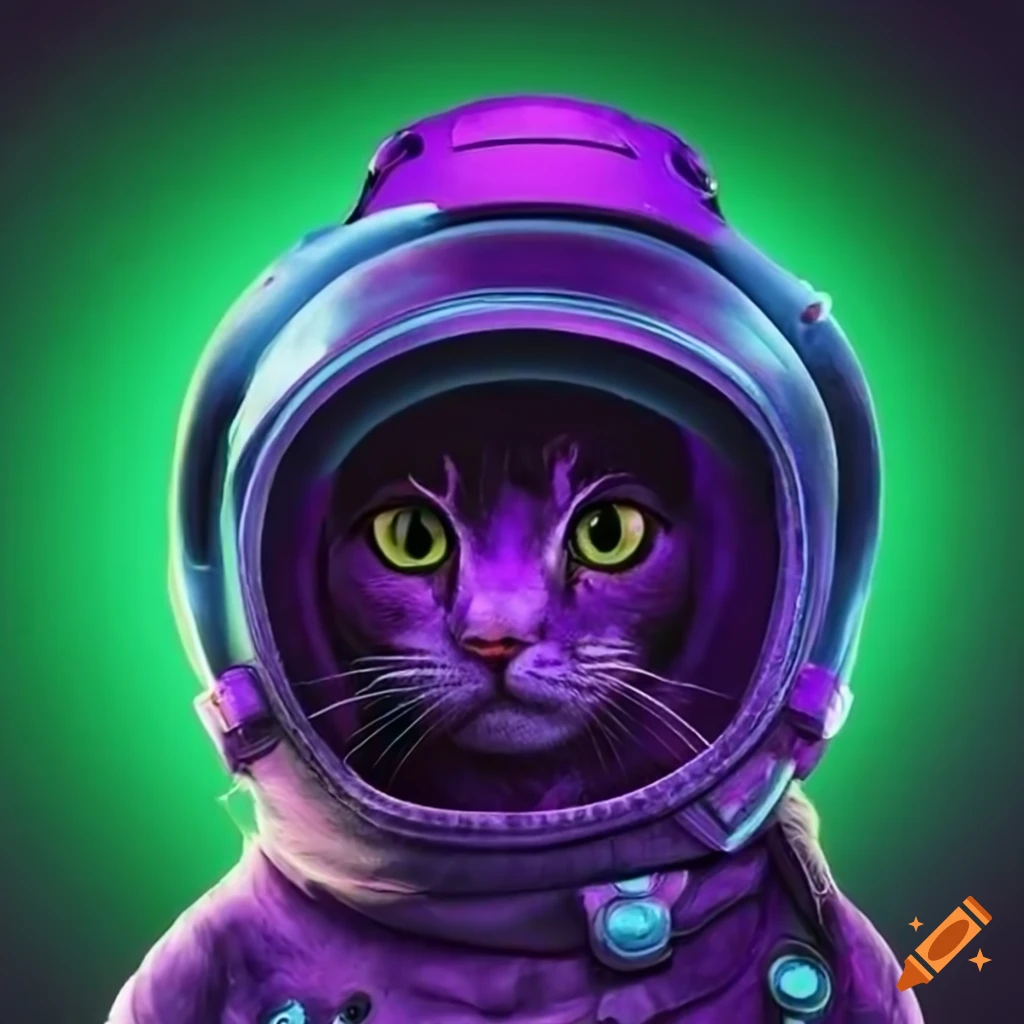 Realistic cat in spacesuit and helmet with neon purple and green colors