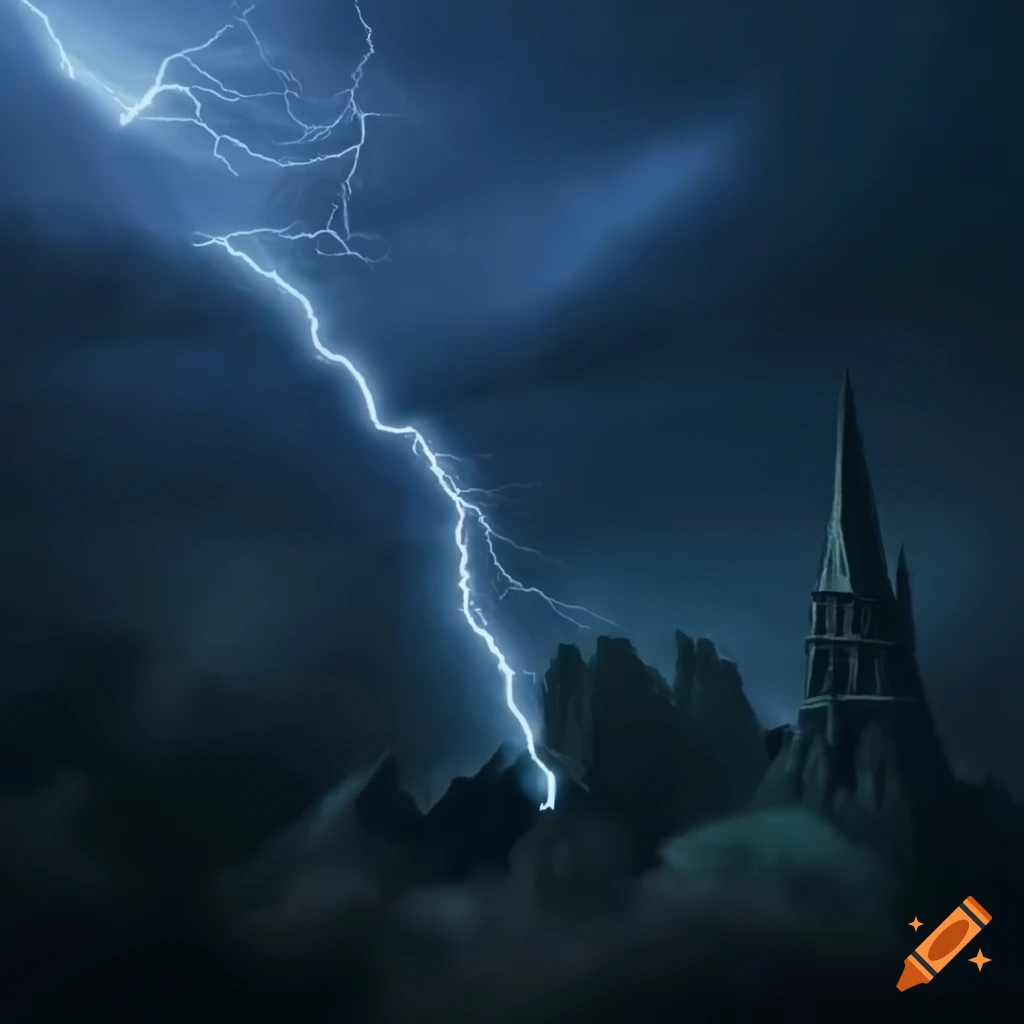 Wizards tower with stormy weather and lightning in the background