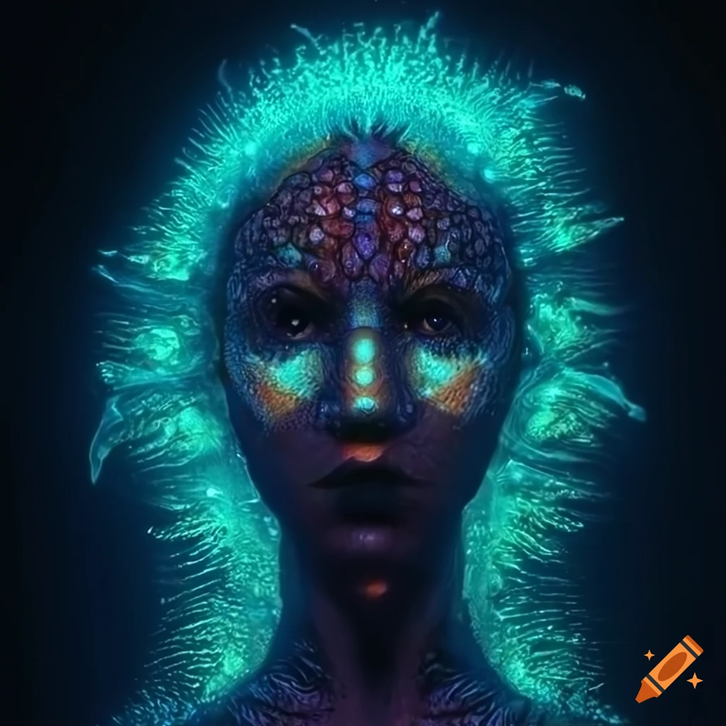 Closeup of biopunk mermaid showcasing bioluminescent scales, gills