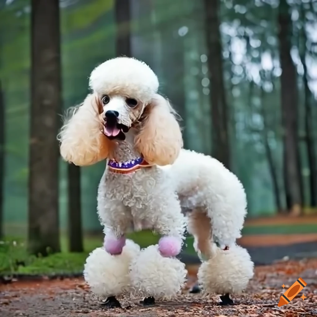White poodle with a frenchstyle haircut by a mountain lake in a forest
