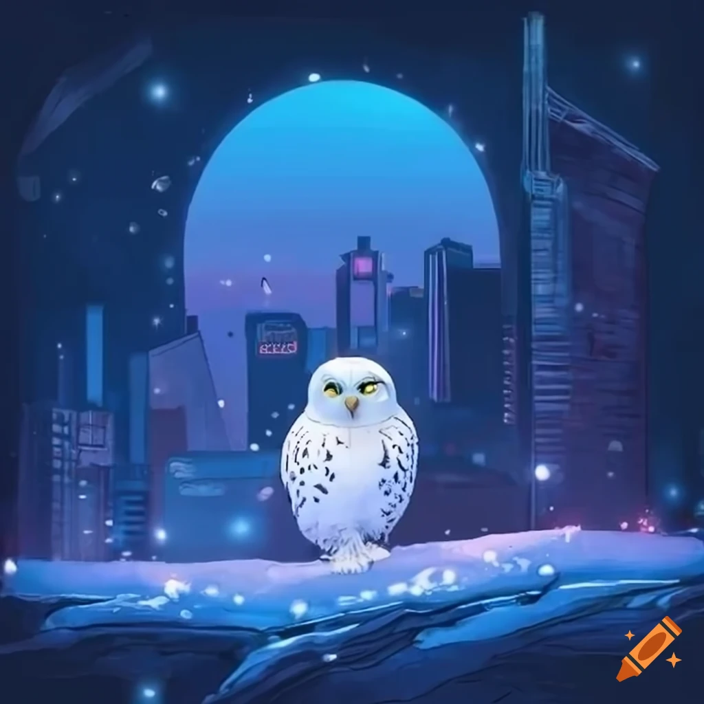 White cyberpunk snow owl flying in snowy scenery on Craiyon